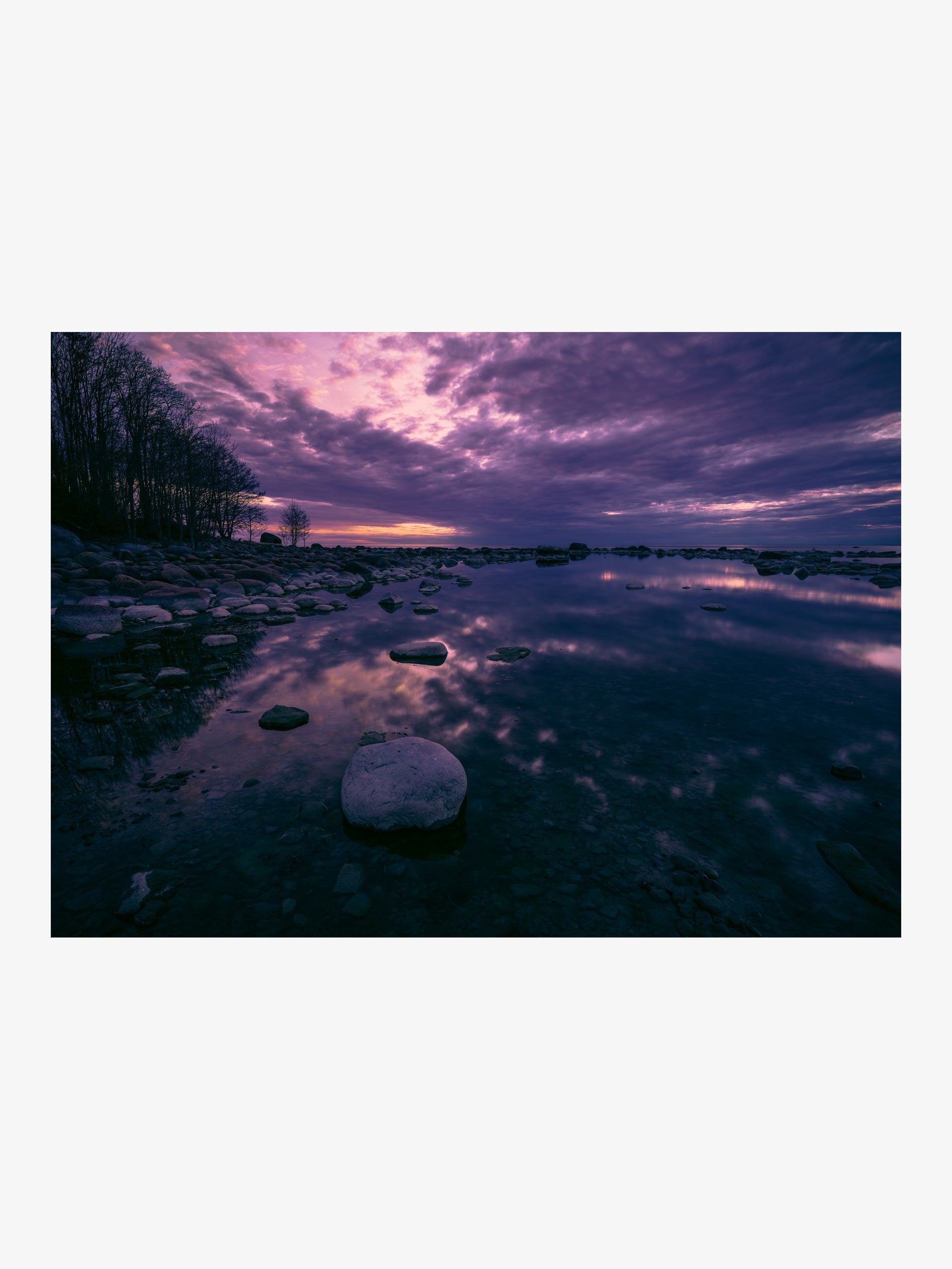Purple Sunset Reflection Over Shoreline – Dramatic Landscape Wall Art Print