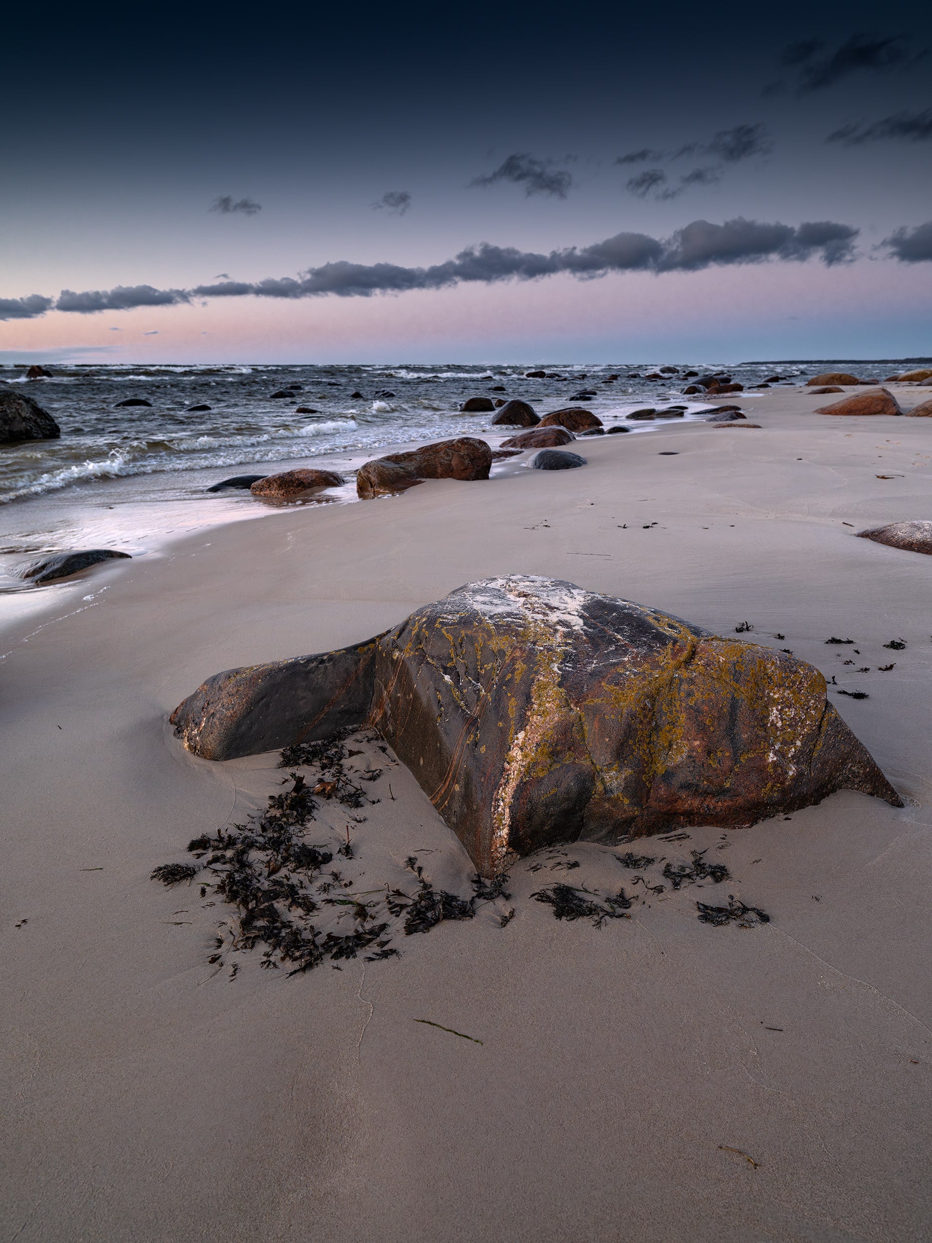 Rock on a Sandy Seashore in Evening Light