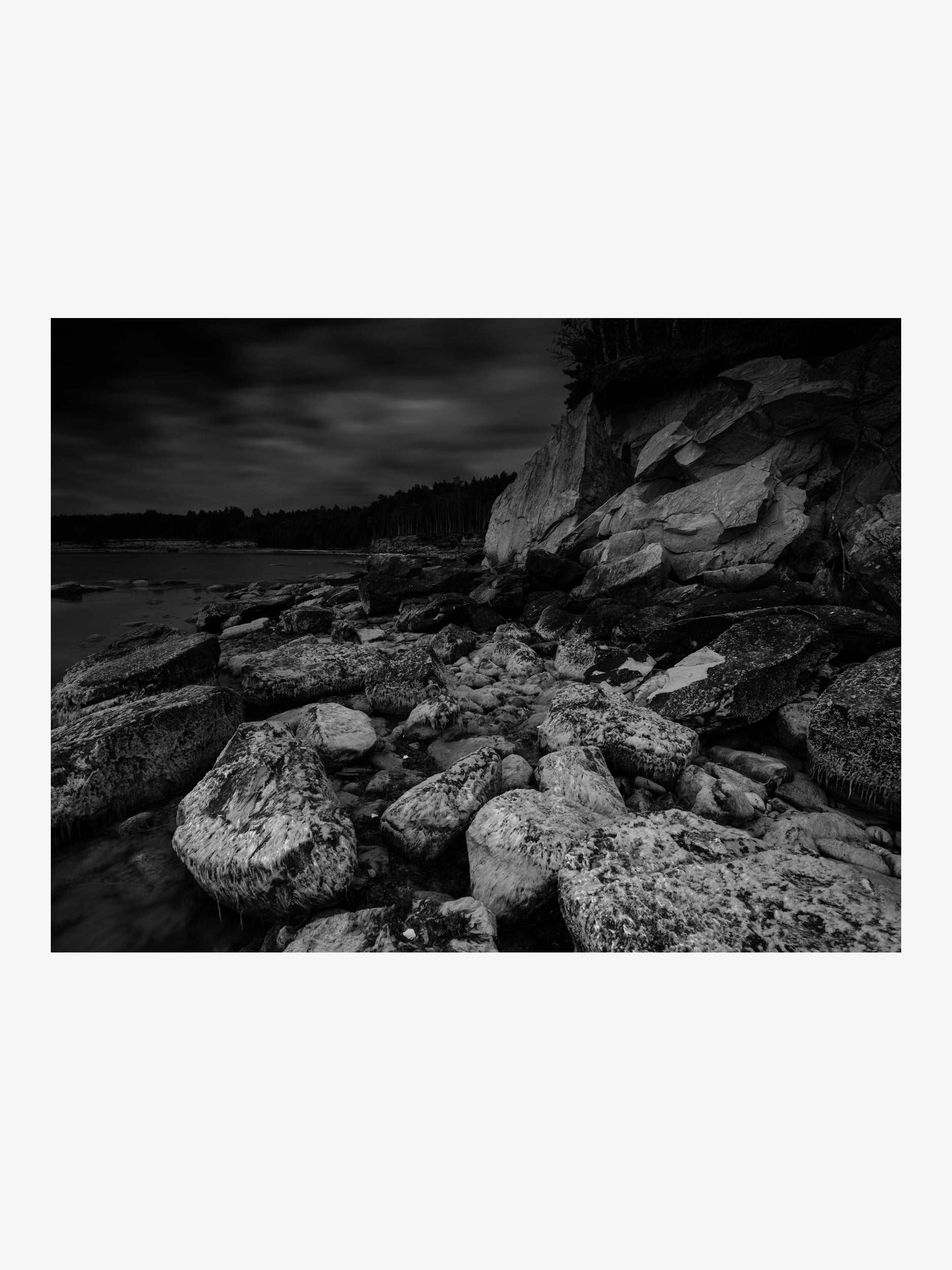 Rocky Baltic Coast at Night – Black and White Seascape Fine Art Print