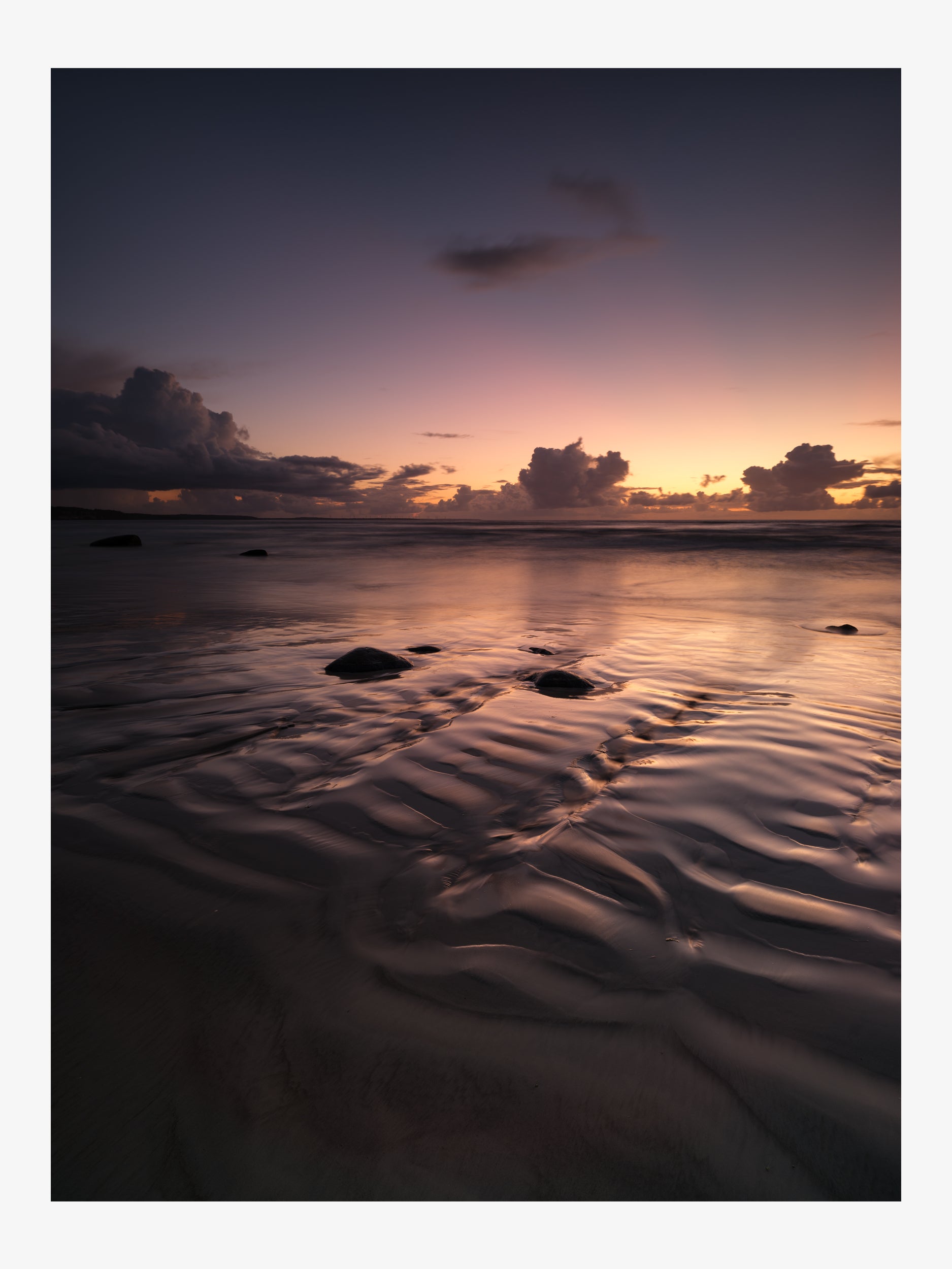 Seaside Sunset – Gentle Waves and Reflections on Sand Fine Art Print