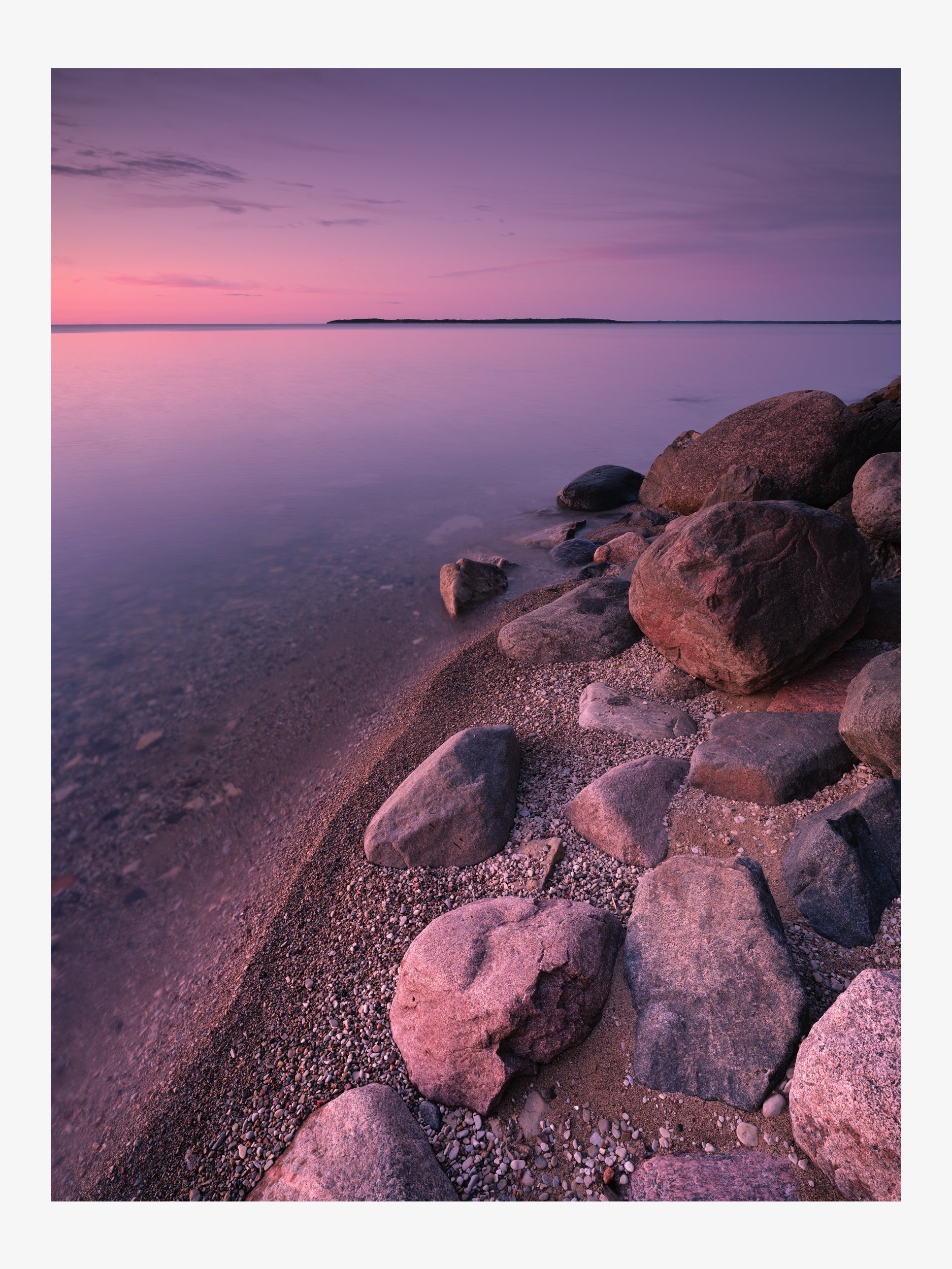 Pink Evening by the Sea – Rocks and Reflections of Sunset Fine Art Print