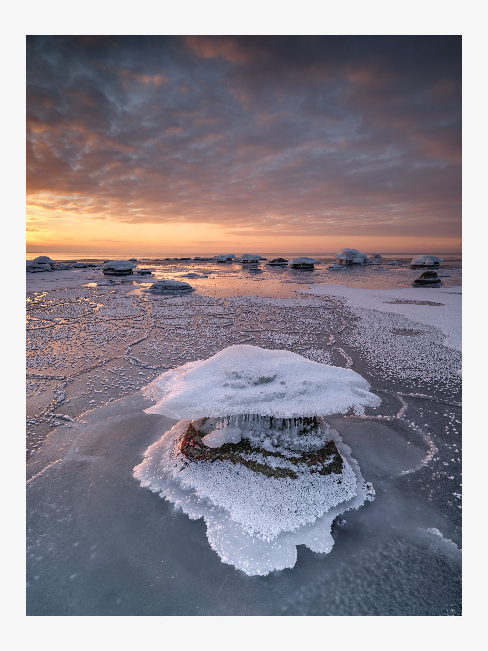 Mushroom-Shaped Ice Cap on a Rock with Sunset Reflection — Fine Art Print