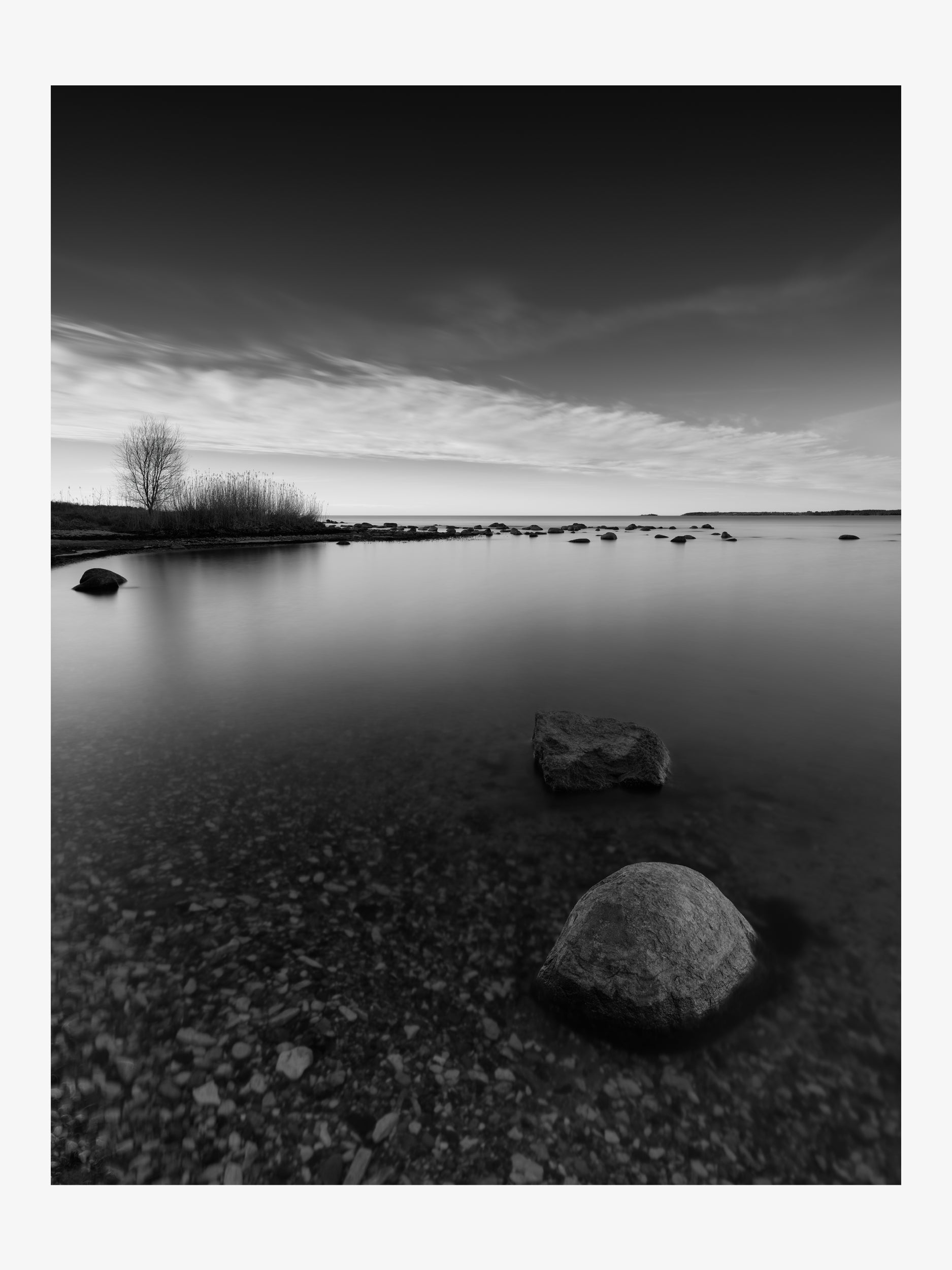 Black and White Shore with Rocks